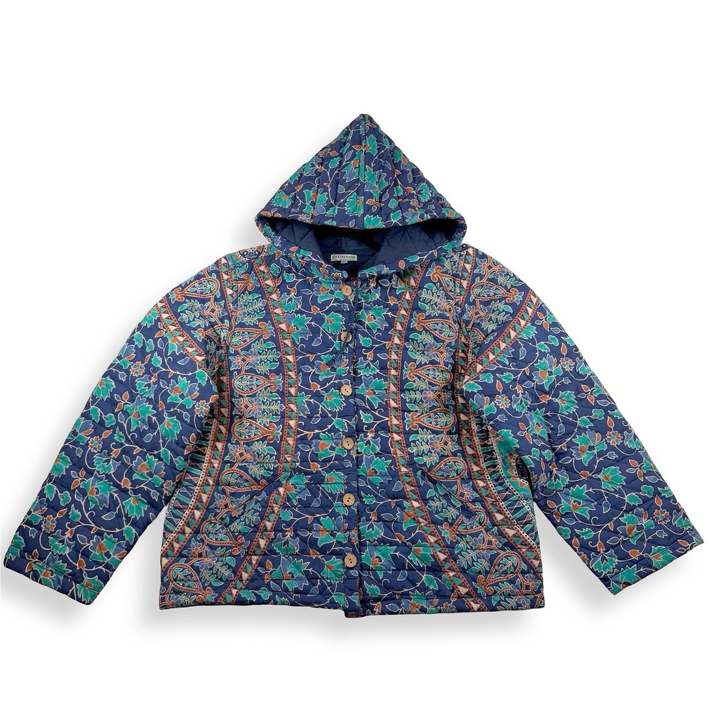 Earthbound Trading Co Women's Blue Mandala Quilted Hooded Jacket XL Boho Cotton